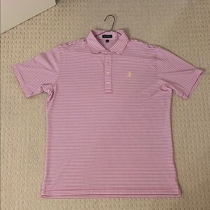 Peter Millar Golf Trophy Logo Summer Comfort Polo Pink Striped Polo Shirt XL